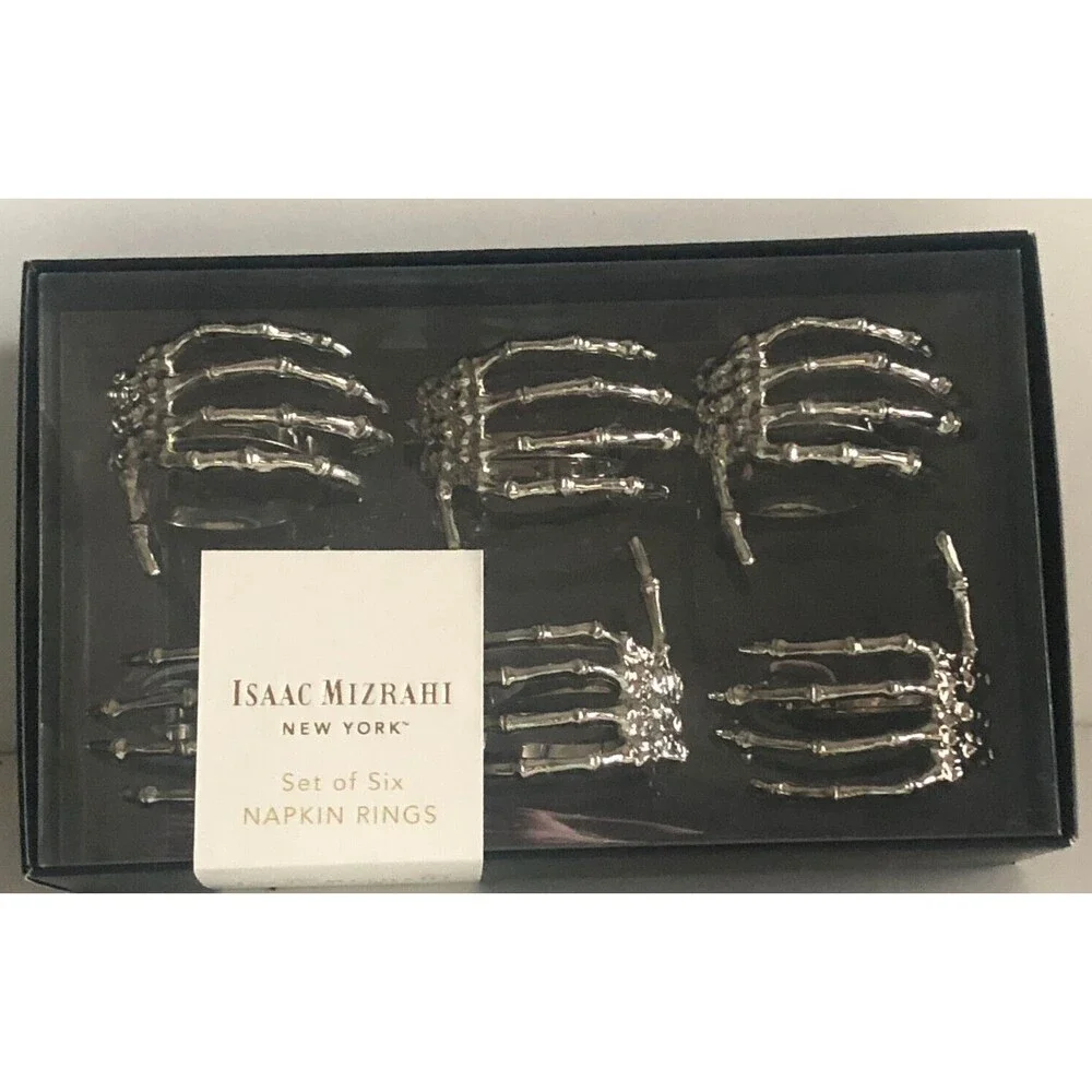 Halloween Set of 6 Skeleton Hand Hands Silver Napkin Rings Metal Isaac Mizrahi